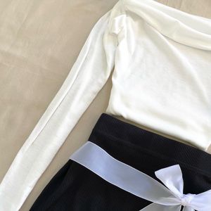 Off Shoulder Top &amp; Bow Skirt Set Feminine Elegance
