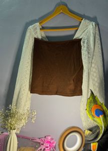 Brown Crop Top with Lace Sleeves