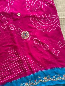 Blue And Pink Bandhani Heavy Saree