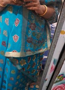 Blue Floral Design  zari work with minute stone