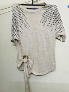Beige Embellished Tie-Front Tee