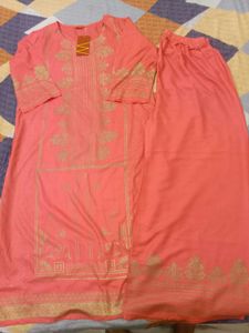 New Coral &amp; Gold Print Kurti Plazo Set