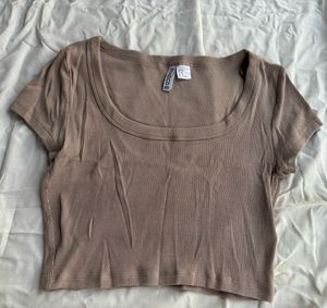 H&M Beige Square Neck Ribbed Crop Top