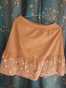Tan Skirt with Embroidered Hem
