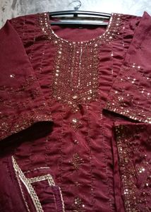 Maroon Embroidery Work Dress 👗