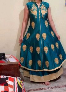 Teal &amp; Gold Embroidered Anarkali