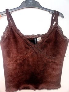 Brown Lace Trim Cami Top