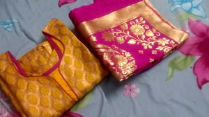 Pink &amp; Gold Banarasi Silk Fabric