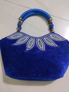 Blue Velvet Handbag With Diamonds Design