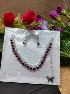 Red & Silver Necklace and Earring Set