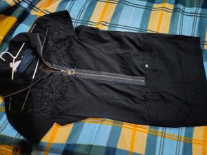 Black Zip-Up Dress with Floral Applique