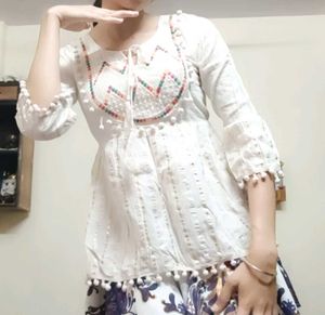 White Embroidered Pom Po