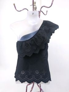 One Shoulder Black Broderie Top