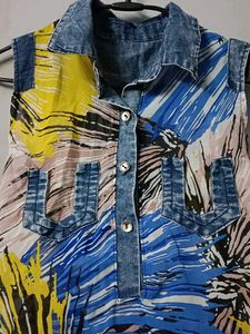 Abstract Print Denim Accent Dress