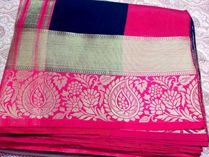 Embroidered Navy Saree with Pink Border