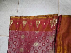 Red And GoldVelvet Saree with Stitched Blouse