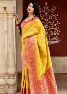 Yellow &amp; Red Banarasi Silk Saree