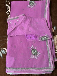 Pink Embroidered zari work heavy saree