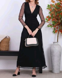 Deep V-Neck Mesh Sleeve Dress