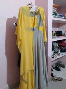 Elegant Yellow &amp; Grey Ethnic Dress