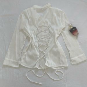 White Y2K Fitted Corset Tie Up Shirt