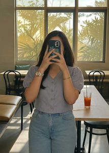 Gray Button-Up Puff Sleeve Top