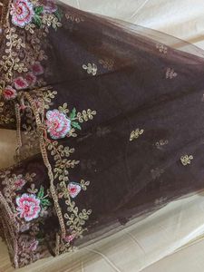 Embroidered Brown Net Dupatta