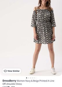 DressBerry Women Navy & Beige Printed A-Line Off-s