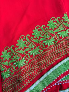Red &amp; Green Embroidered Saree