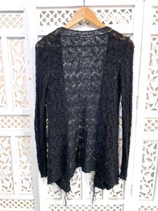 Chic Black Laced Open Front Cardigan B