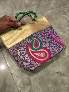 Raw Silk With Multi Design Sil Handbag