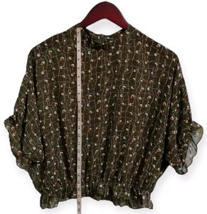 Olive Green Patterned Ruffle Sleeve Blouse