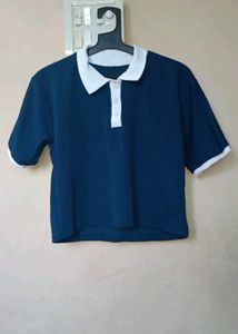Navy Blue Polo Crop Top