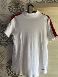 White Mock Neck Tee with Red Detail