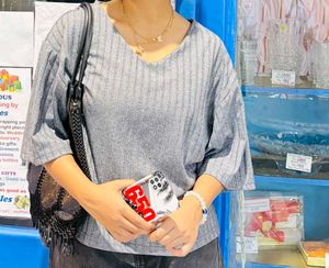 Gray Ribbed V-Neck Top