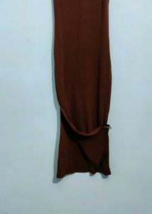 Brown Ribbed Bodycon With Slit
