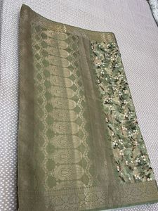 Sage Green Floral Banarasi Saree with Blouse- New