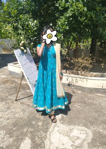 🦚Peacock Blue Wrap Gown With Golden Border