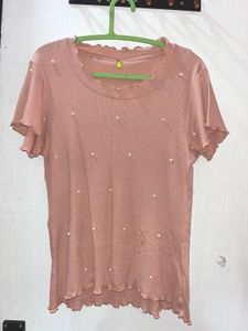 Pink Pearl Embellished Ruffle Tee