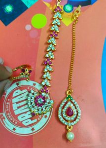 Ruby&amp;Crystal Indian Headpiece(Mangtika) &amp; Ring Set