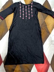 Black Cotton Embroidered Kurta