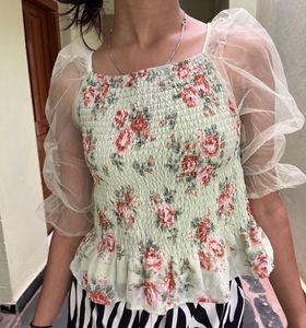 Floral Smocked Top with Sheer Sleeves