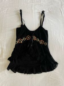 Floral Embellished Black Tank Top