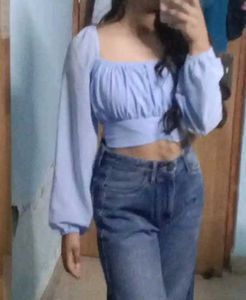 Chic Blue Tie-Front Crop Top