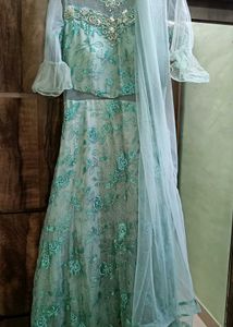 Beautiful Mint Green Embroidered Gown with Dupatta