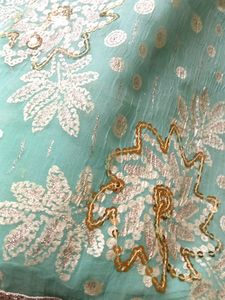 Teal &amp; Gold Embellished Chiffon Fabric