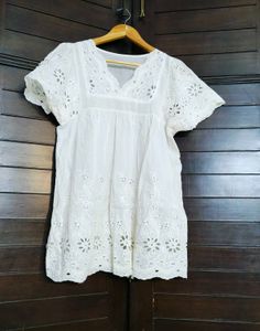 Women White Cotton Cut out Style Tunic Top