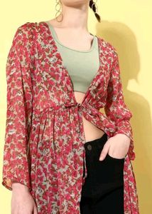 Women Printed Long Line Tie-up Shrug
