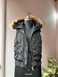Black Puffer Vest with Fur Hood