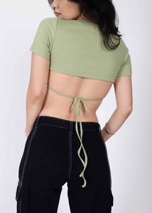 Green Ribbed Tie-Back Top